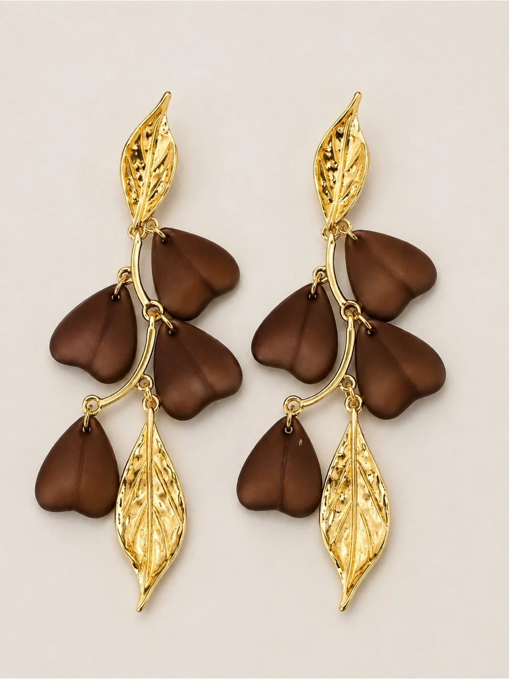 Gold and Brown Leaf Drop Earrings - Elegant Women's Jewelry